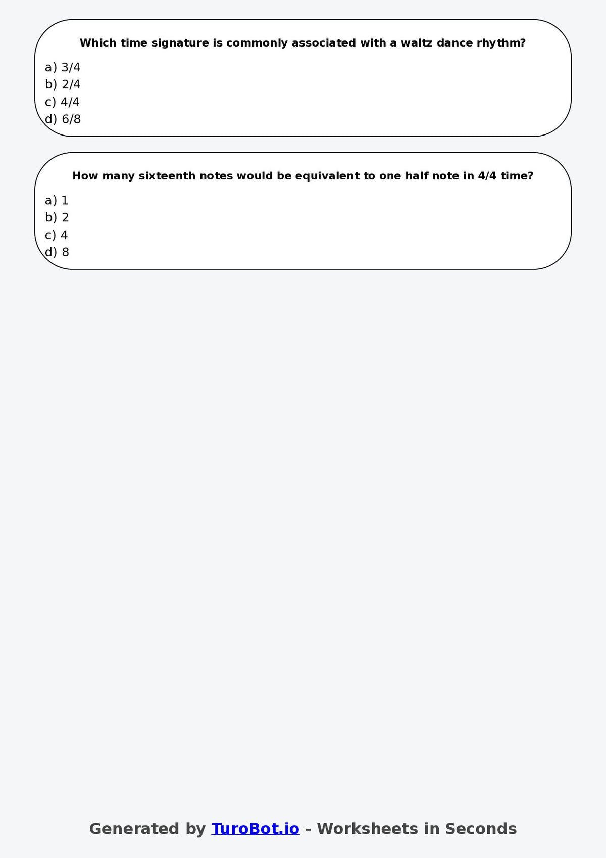 Year 7 Music Multiple Choice Worksheet – Rhythm Duration and Time Signatures