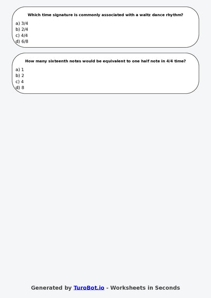 Year 7 Music Multiple Choice Worksheet – Rhythm Duration and Time Signatures