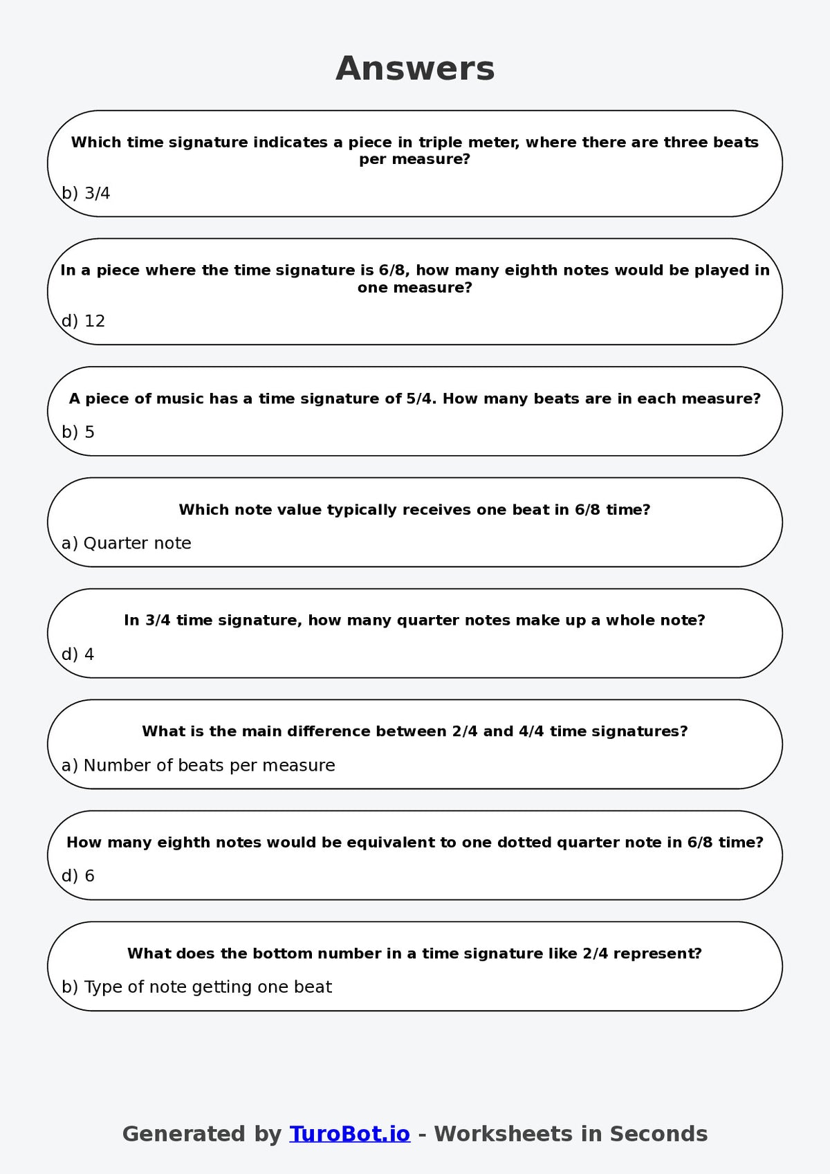 Year 7 Music Multiple Choice Worksheet – Rhythm Duration and Time Signatures