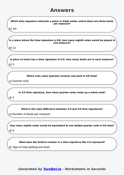 Year 7 Music Multiple Choice Worksheet – Rhythm Duration and Time Signatures