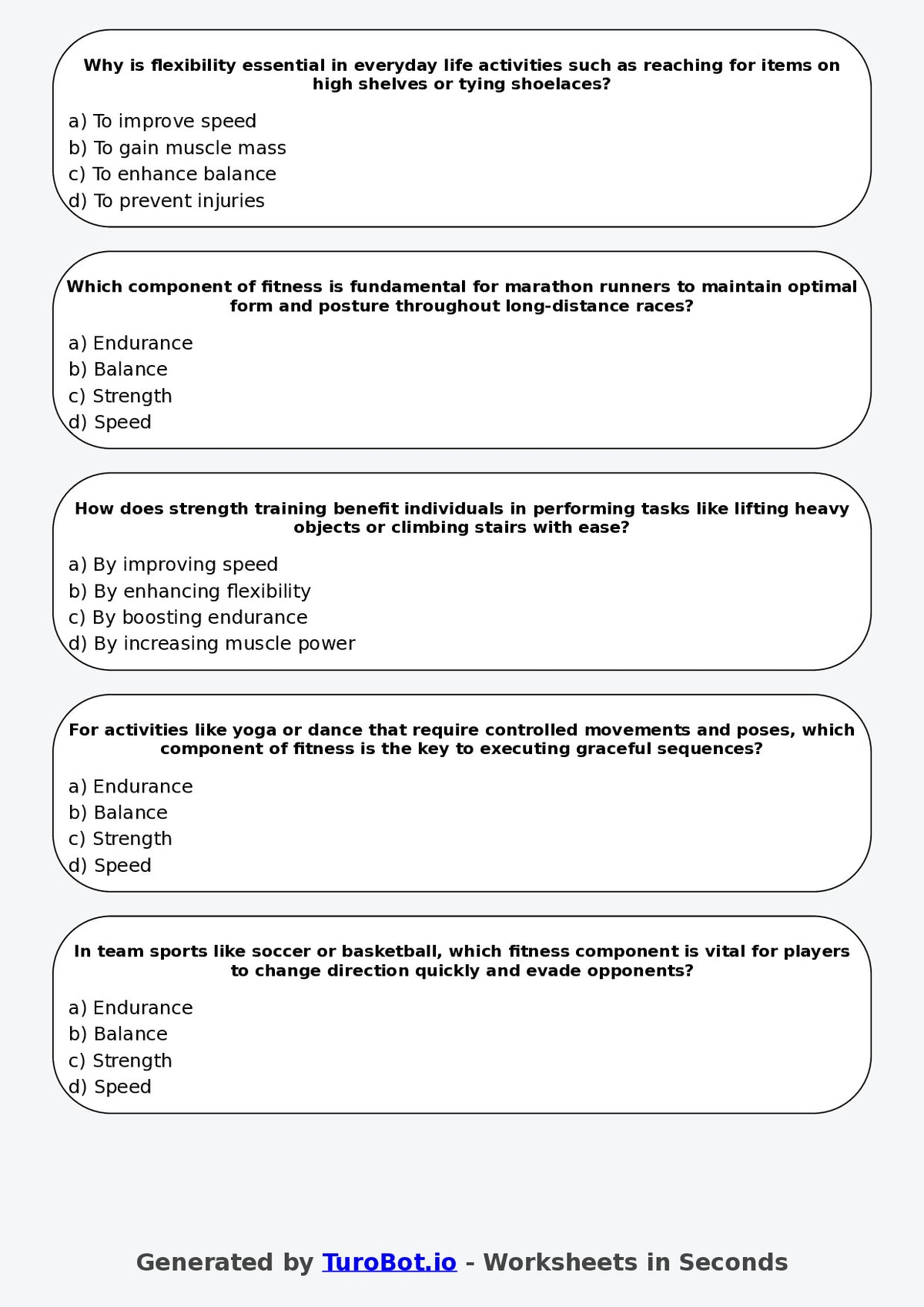 Year 8 PDHPE Multiple Choice Worksheet – Components of Fitness