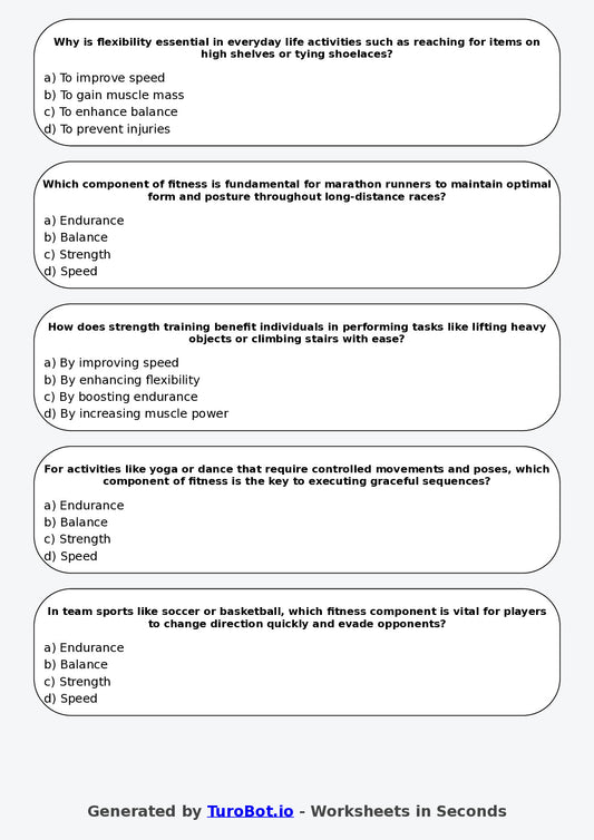 Year 8 PDHPE Multiple Choice Worksheet – Components of Fitness