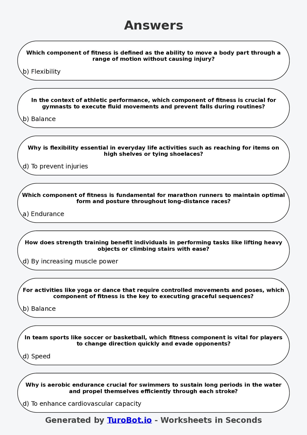 Year 8 PDHPE Multiple Choice Worksheet – Components of Fitness