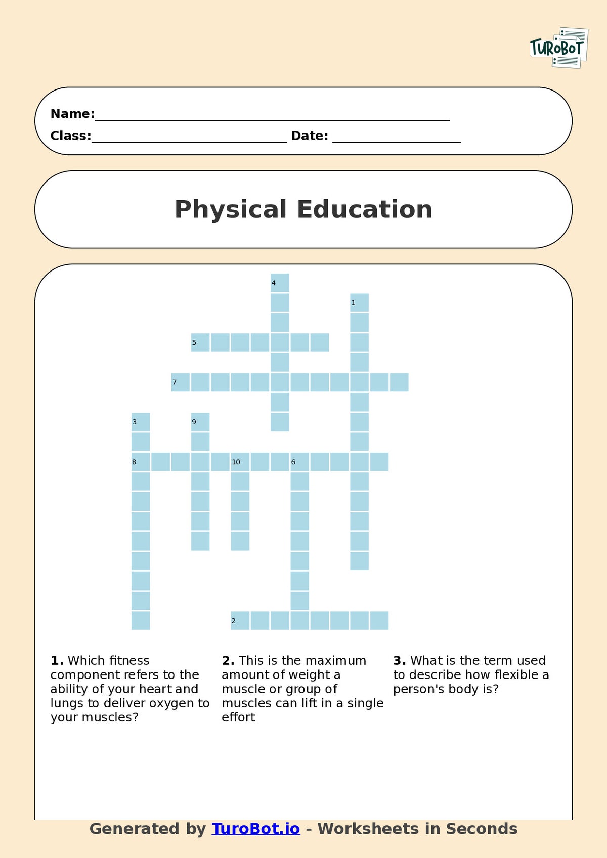 Physical Education (PDHPE) - Year 10 - Crossword - Fitness Components and Training