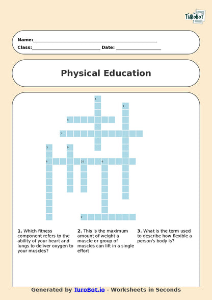 Physical Education (PDHPE) - Year 10 - Crossword - Fitness Components and Training