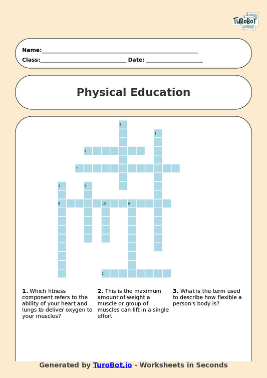 Physical Education (PDHPE) - Year 10 - Crossword - Fitness Components and Training