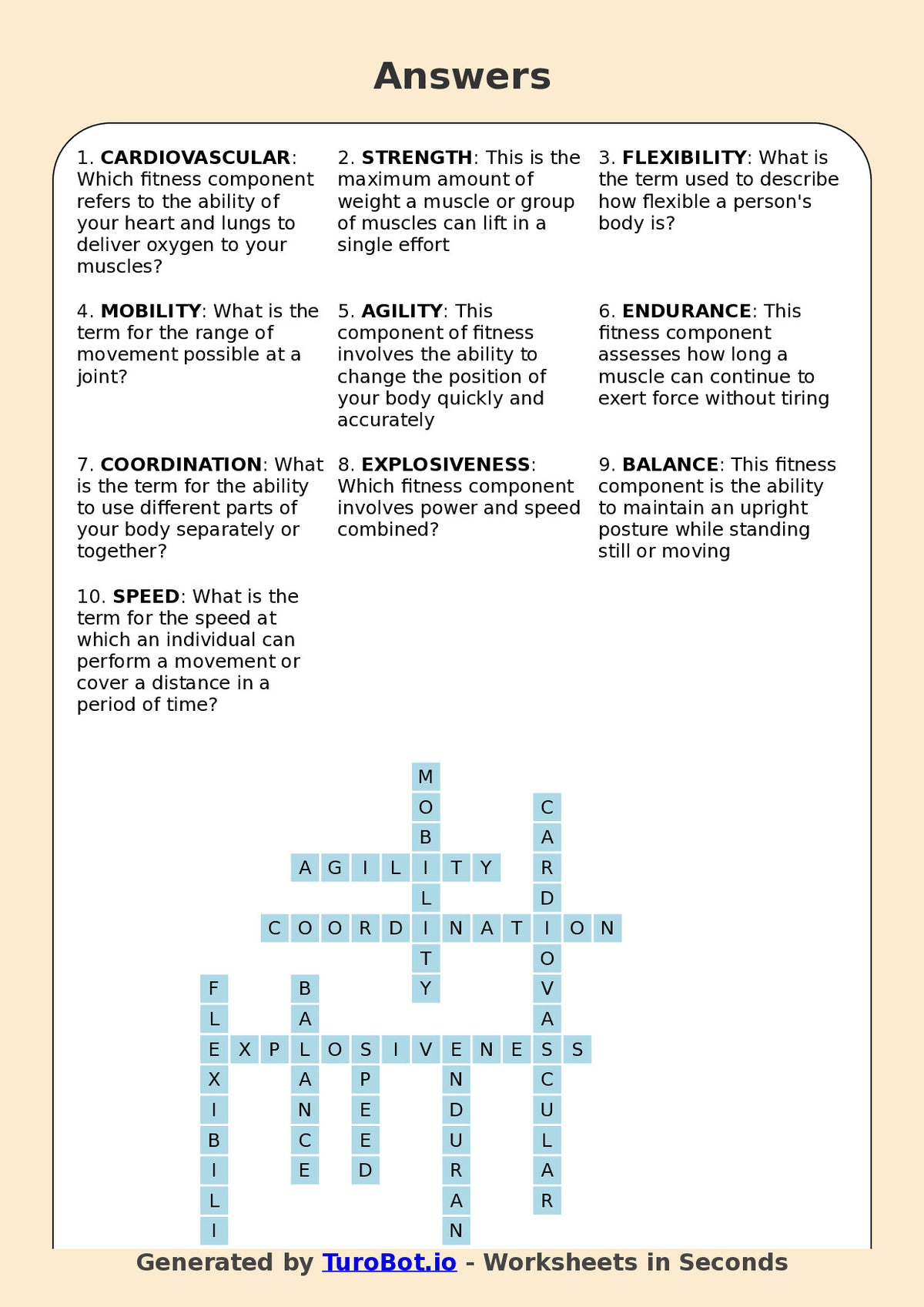 Physical Education (PDHPE) - Year 10 - Crossword - Fitness Components and Training