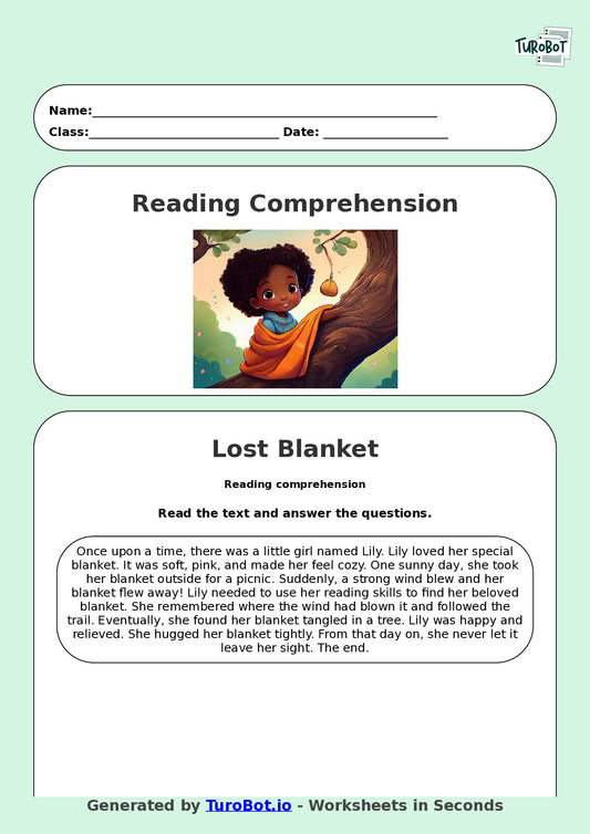 Reading Comprehension - Year 3 - My Blanket Flew Away