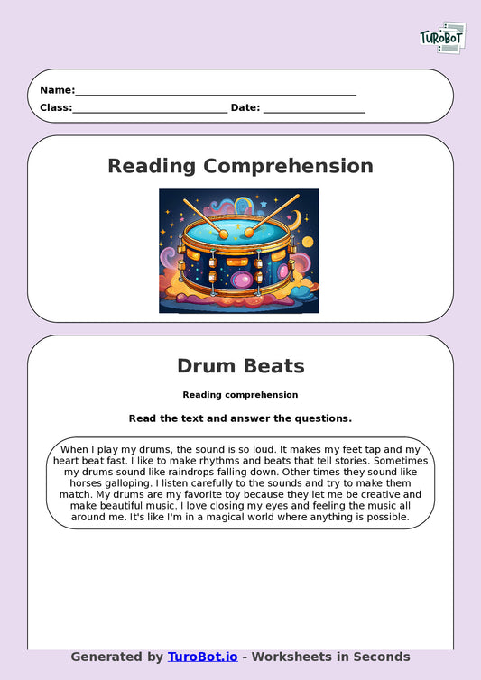 Reading Comprehension - Year 3 - My Drums Are Loud