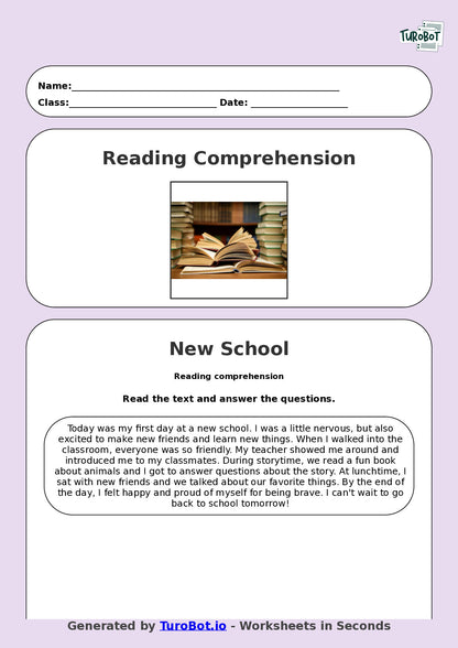 Reading Comprehension - Year 3 - My First Day at a New School