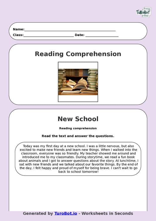 Reading Comprehension - Year 3 - My First Day at a New School