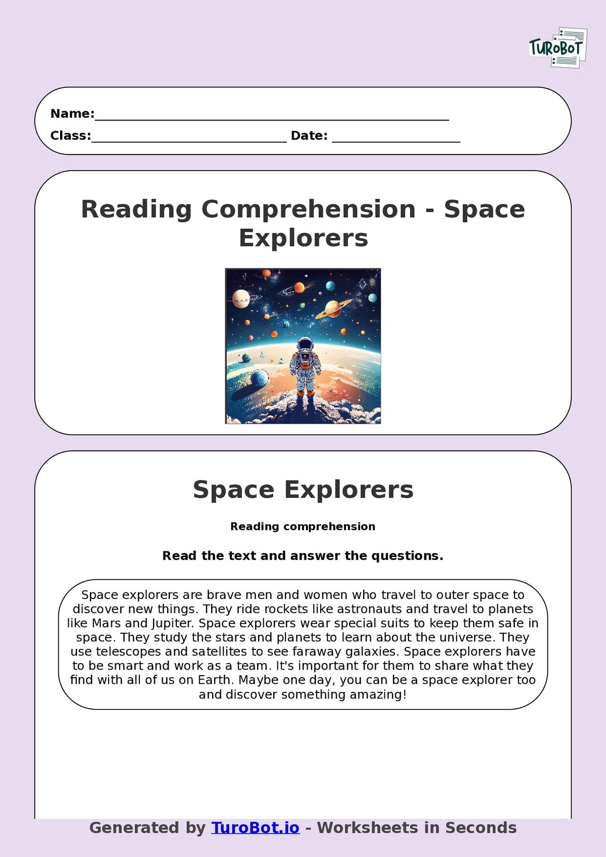Reading Comprehension - Year 3 - Space Explorers