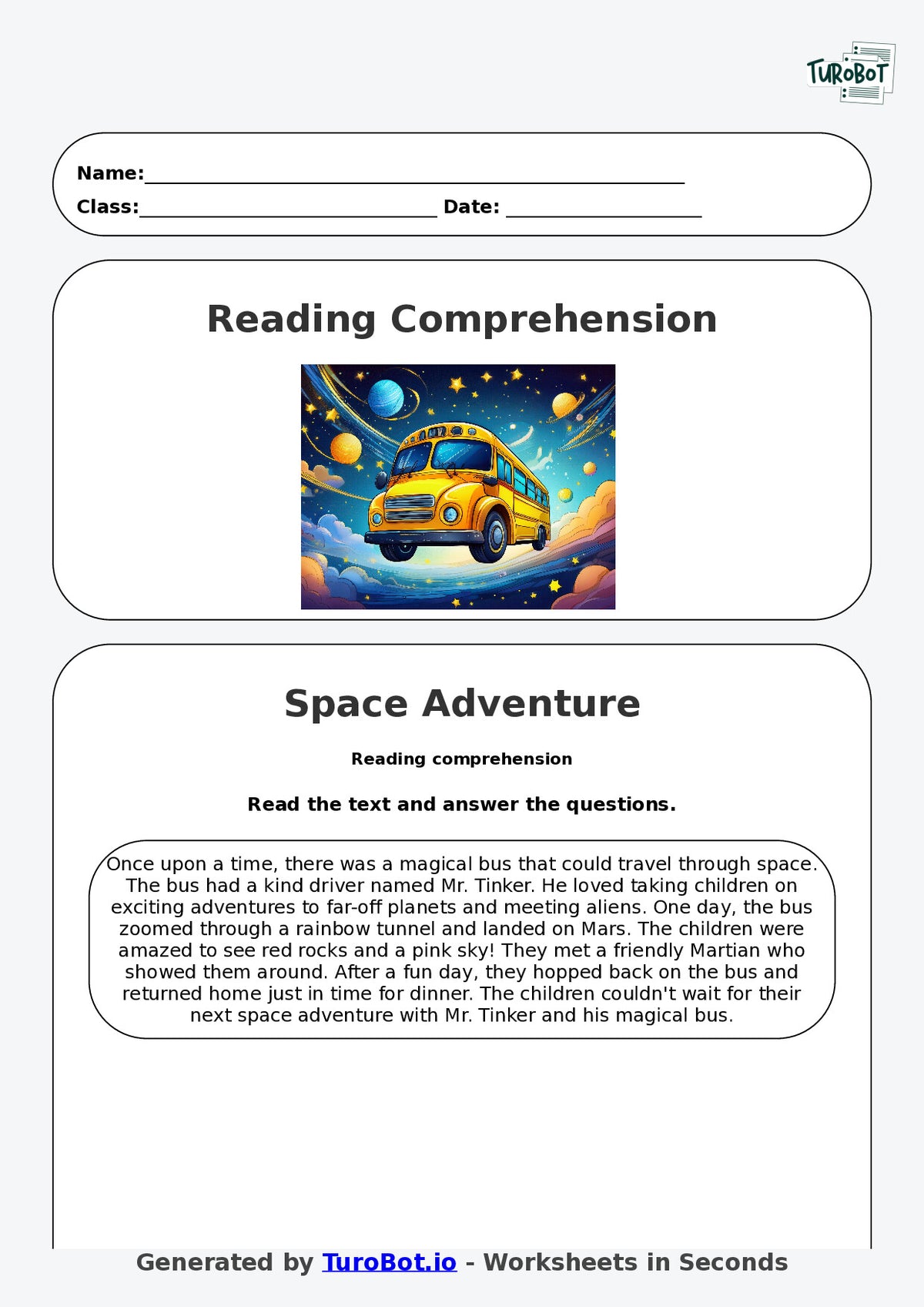 Reading Comprehension - Year 3 - The Bus That Travelled Through Space