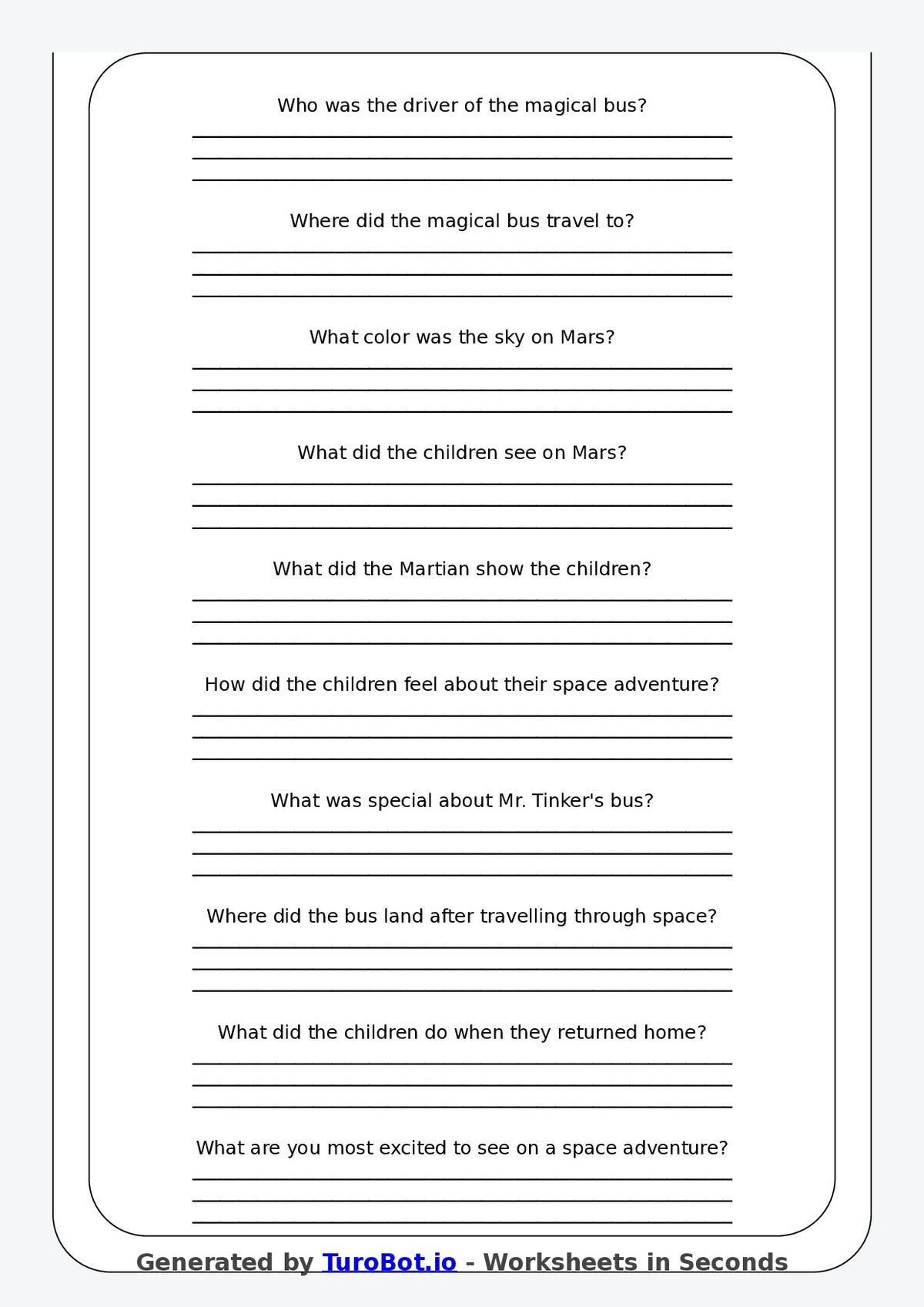 Reading Comprehension - Year 3 - The Bus That Travelled Through Space