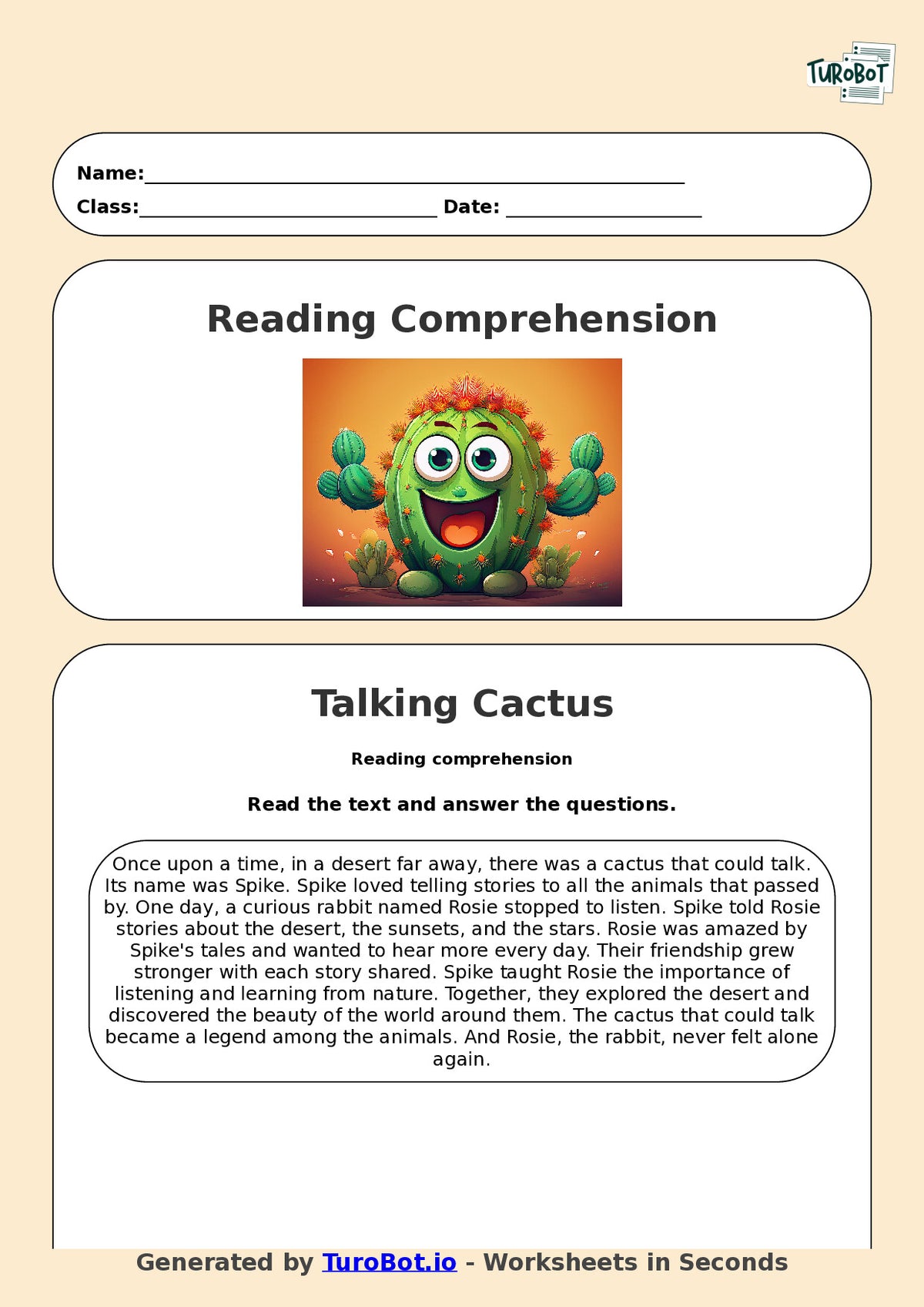 Reading Comprehension - Year 3 - The Cactus That Could Talk
