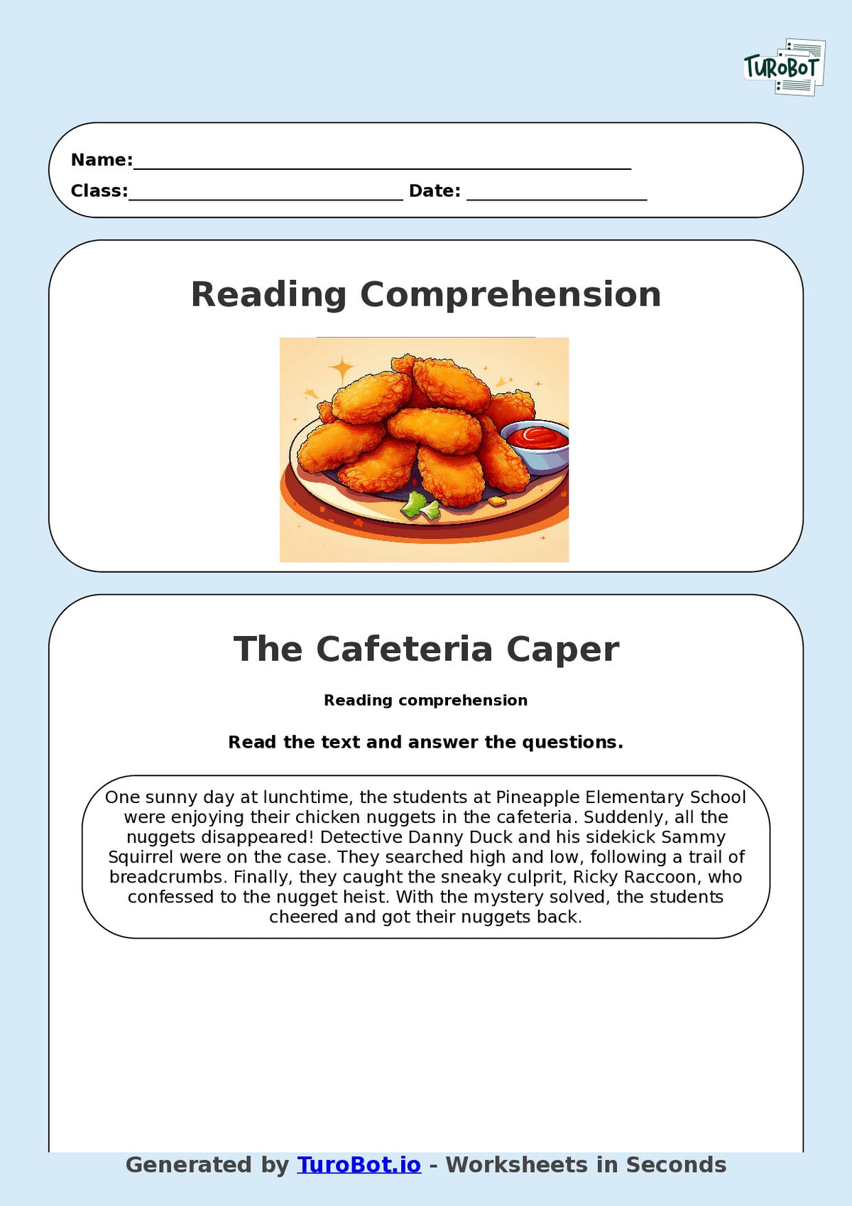 Reading Comprehension - Year 3 - The Cafeteria Chicken Nugget Heist