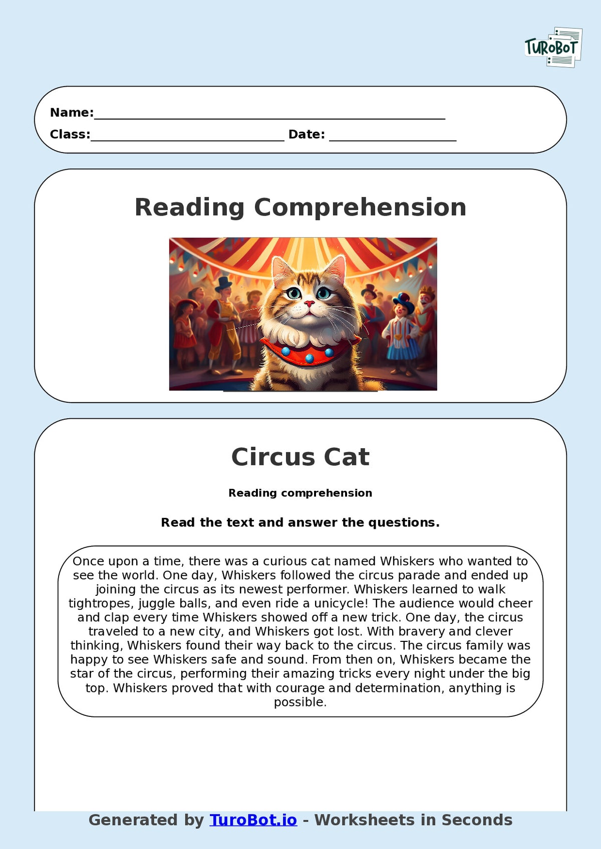 Reading Comprehension - Year 3 - The Cat That Joined the Circus