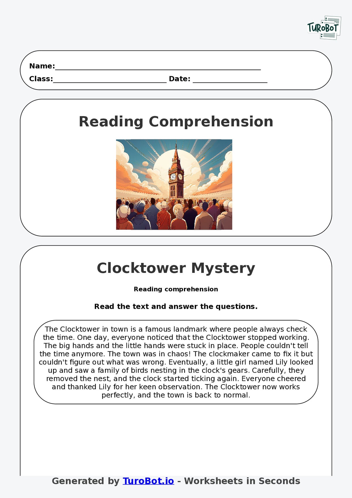 Reading Comprehension - Year 3 - The Clocktower Stopped Working