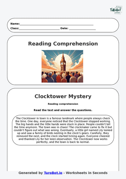 Reading Comprehension - Year 3 - The Clocktower Stopped Working