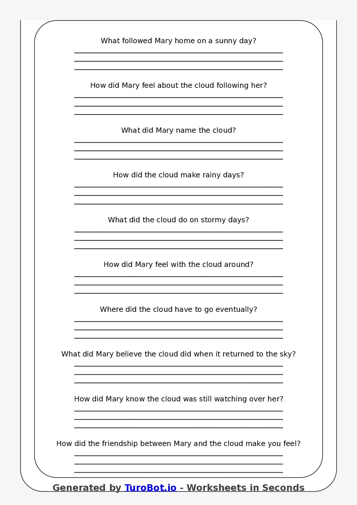 Reading Comprehension - Year 3 - The Cloud That Followed Me Home
