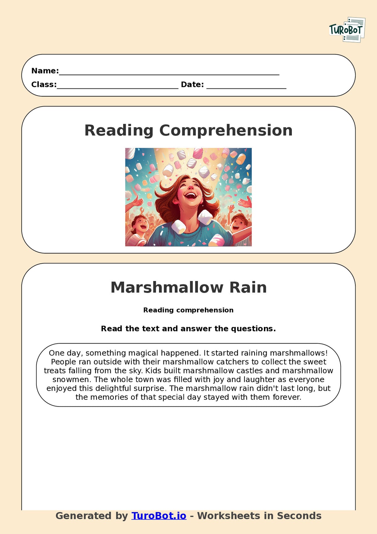 Reading Comprehension - Year 3 - The Day It Rained Marshmallows
