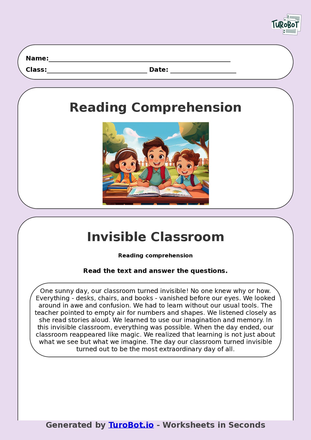 Reading Comprehension - Year 3 - The Day Our Classroom Turned Invisible