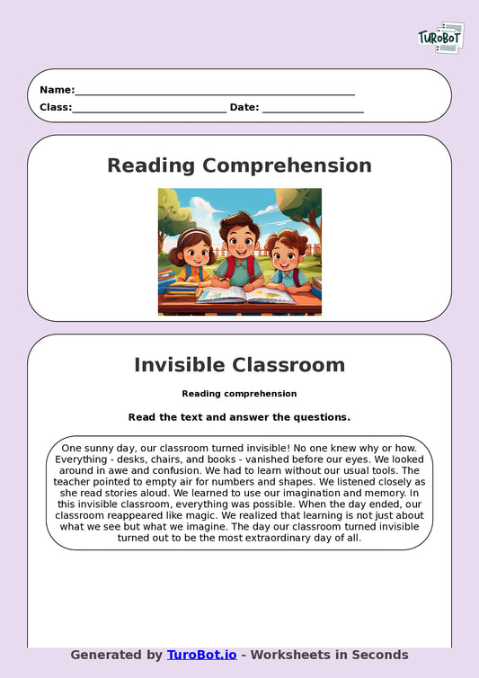 Reading Comprehension - Year 3 - The Day Our Classroom Turned Invisible