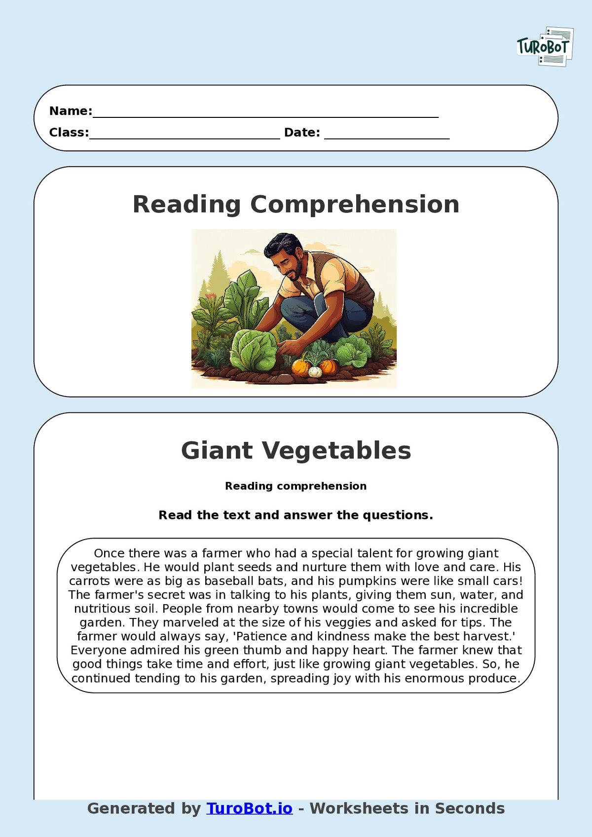 Reading Comprehension - Year 3 - The Farmer Who Grows Giant Vegetables