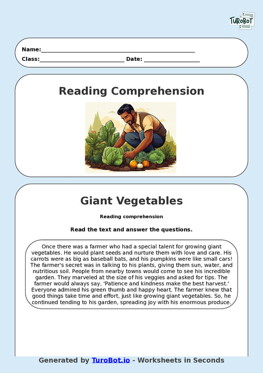 Reading Comprehension - Year 3 - The Farmer Who Grows Giant Vegetables