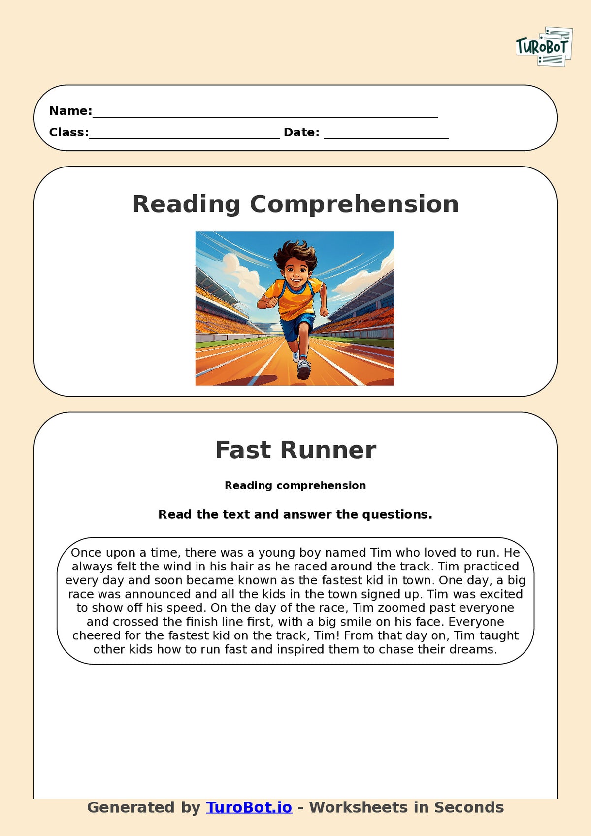 Reading Comprehension - Year 3 - The Fastest Kid on the Track