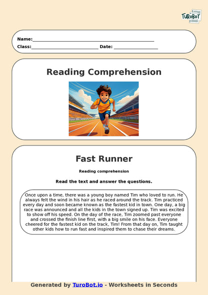 Reading Comprehension - Year 3 - The Fastest Kid on the Track