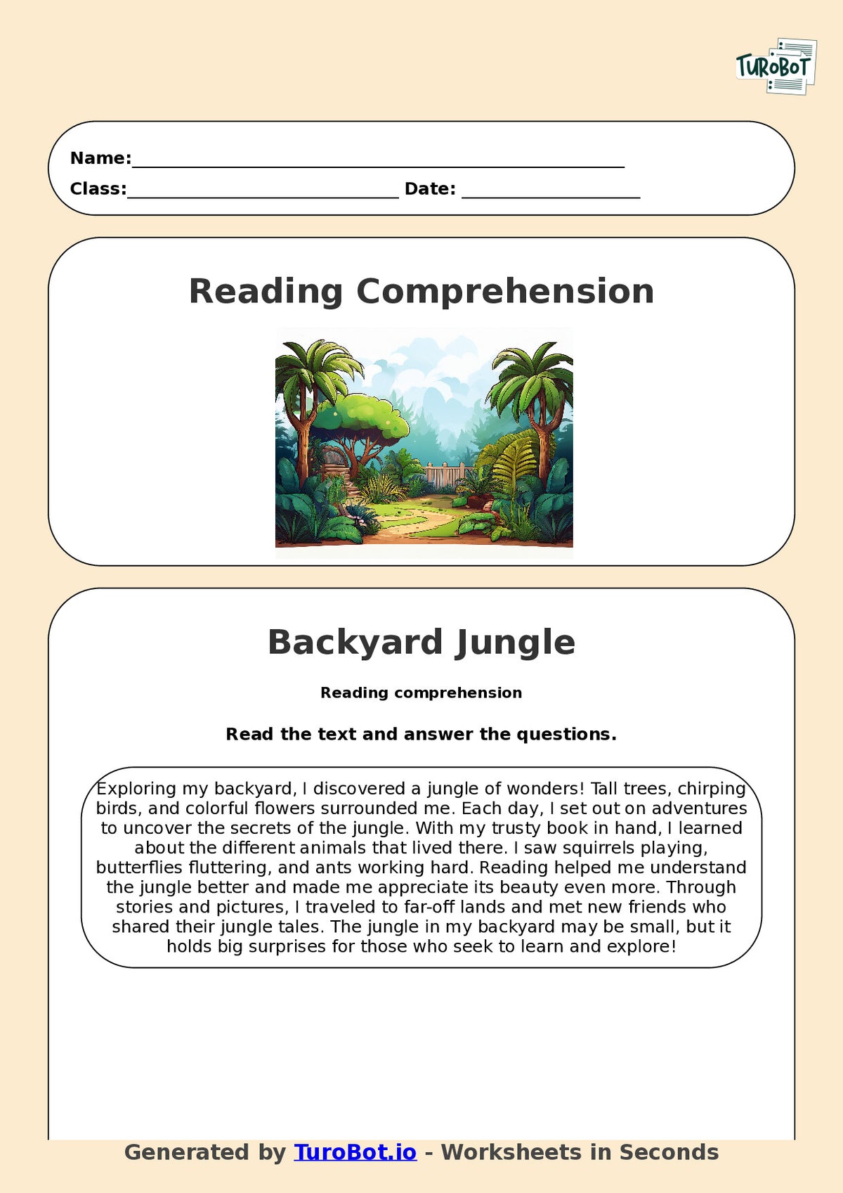 Reading Comprehension - Year 3 - The Jungle In My Backyard