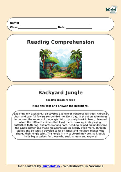 Reading Comprehension - Year 3 - The Jungle In My Backyard