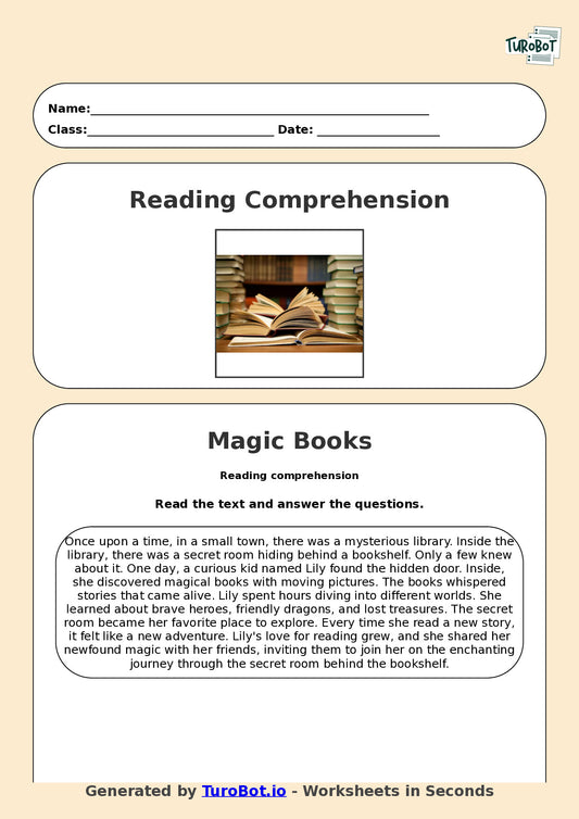 Reading Comprehension - Year 3 - The Secret Room Behind the Bookshelf