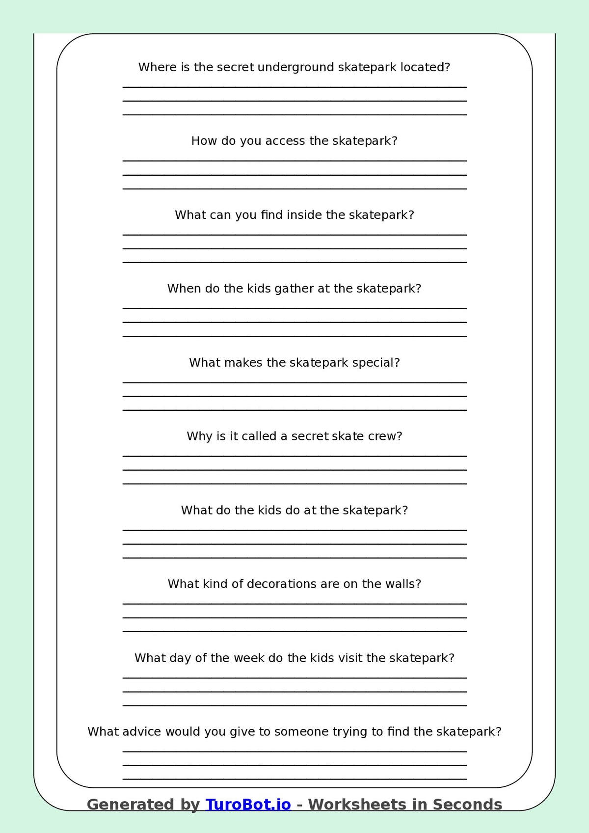 Reading Comprehension - Year 3 - The Secret Underground Skatepark