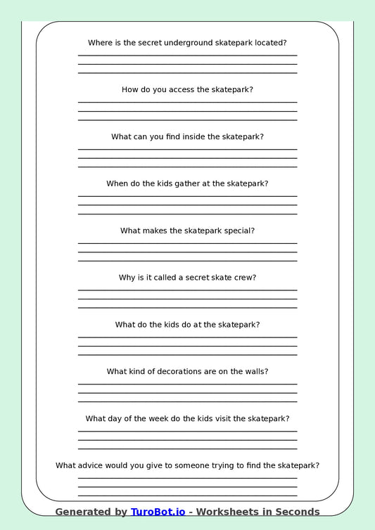 Reading Comprehension - Year 3 - The Secret Underground Skatepark
