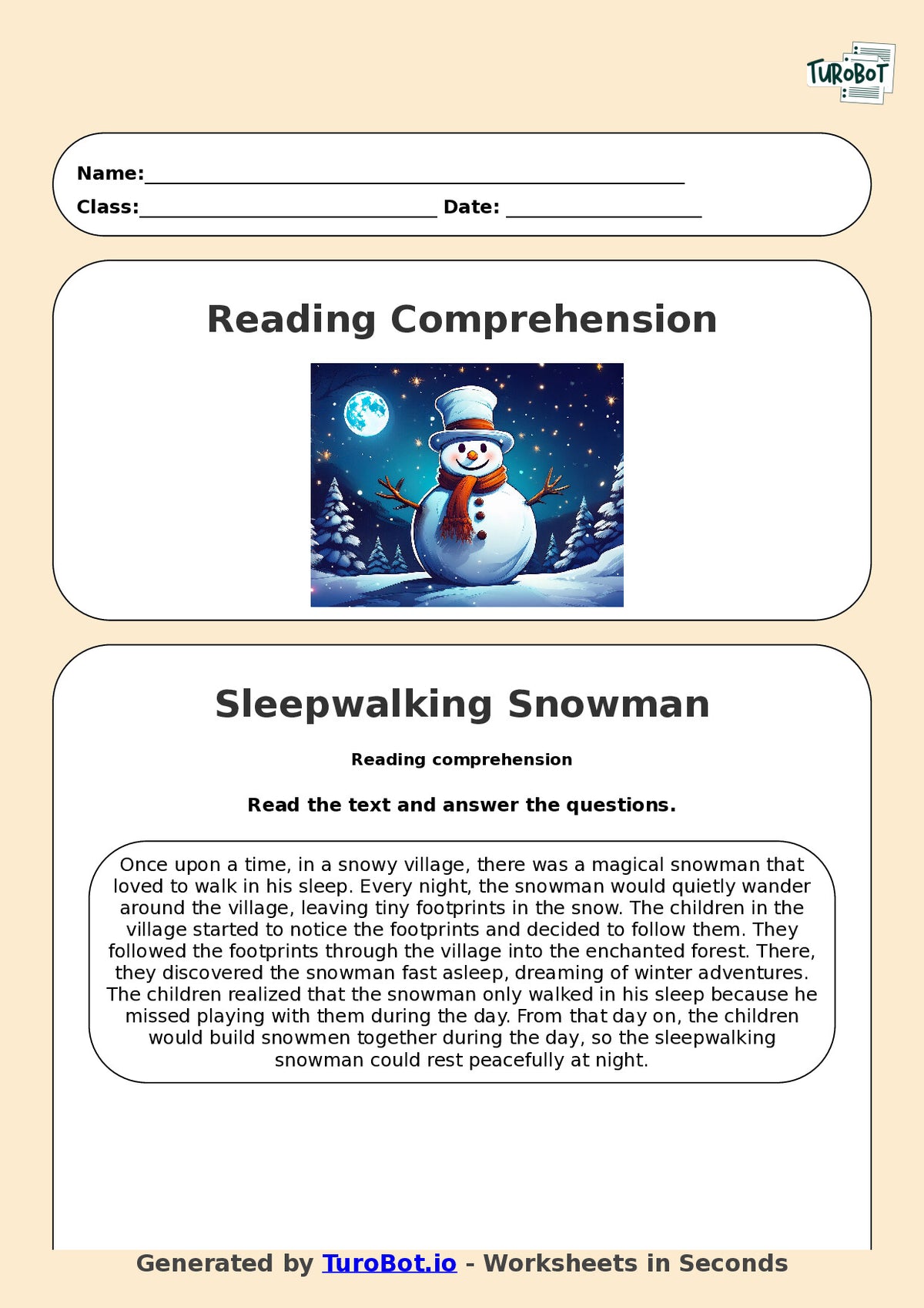 Reading Comprehension - Year 3 - The Sleepwalking Snowman
