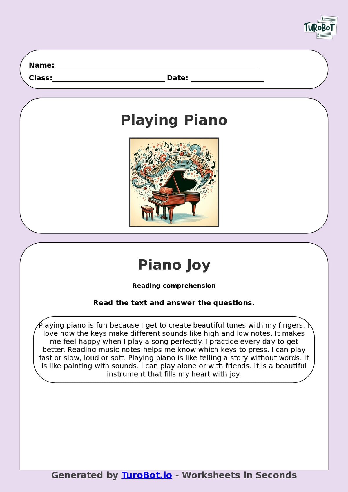 Reading Comprehension - Year 3 - Why I Love Playing Piano
