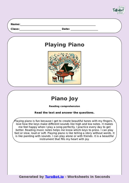 Reading Comprehension - Year 3 - Why I Love Playing Piano