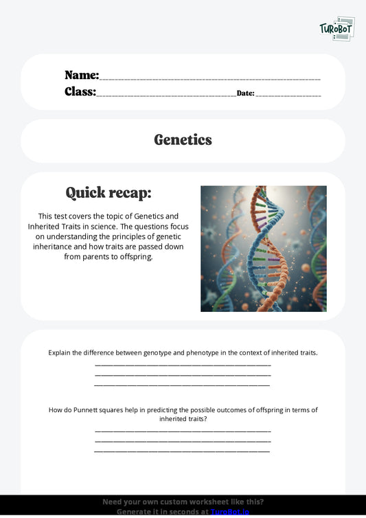 Free Worksheet - Year 10 Science Genetics and Inherited Traits Short Answer Response