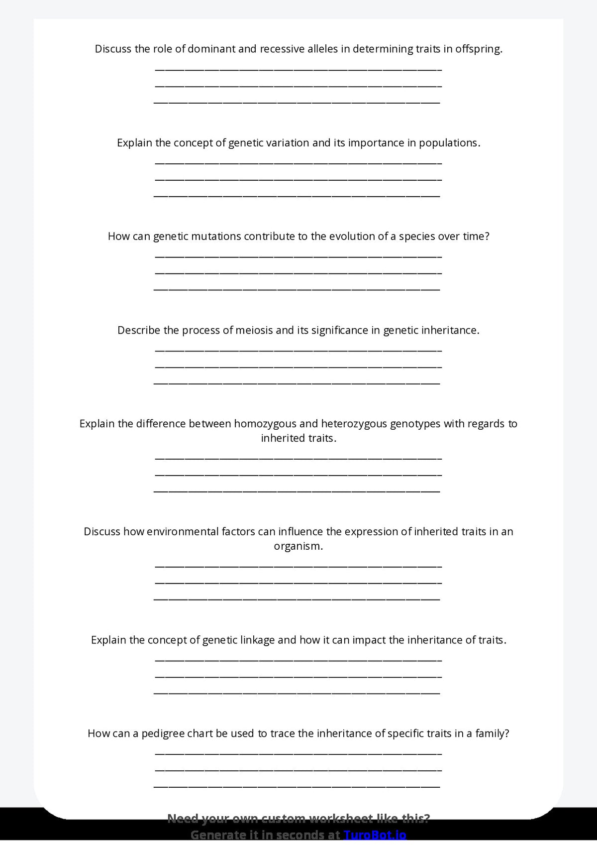 Free Worksheet - Year 10 Science Genetics and Inherited Traits Short Answer Response