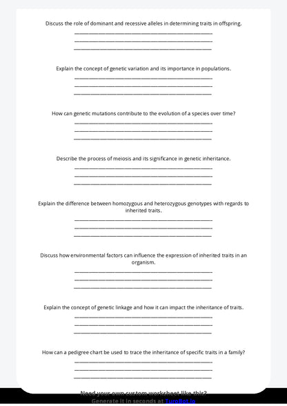 Free Worksheet - Year 10 Science Genetics and Inherited Traits Short Answer Response