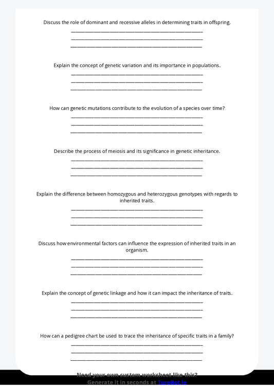 Free Worksheet - Year 10 Science Genetics and Inherited Traits Short Answer Response