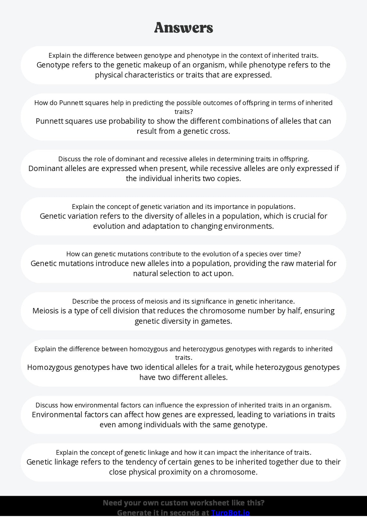Free Worksheet - Year 10 Science Genetics and Inherited Traits Short Answer Response