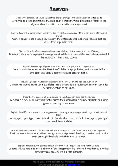 Free Worksheet - Year 10 Science Genetics and Inherited Traits Short Answer Response