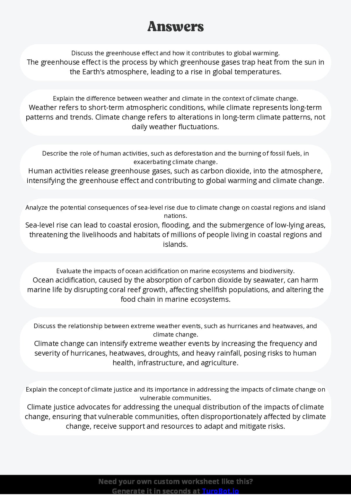 Free Worksheet - Year 11 Science Climate Change and Environmental Impact Short Answer Response