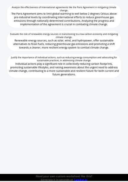 Free Worksheet - Year 11 Science Climate Change and Environmental Impact Short Answer Response