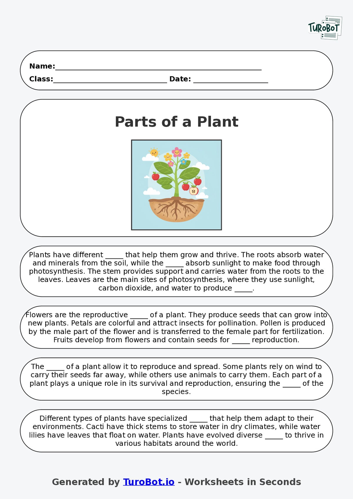 Year 2 Science Fill in the Blanks Worksheet – Parts of a Plant