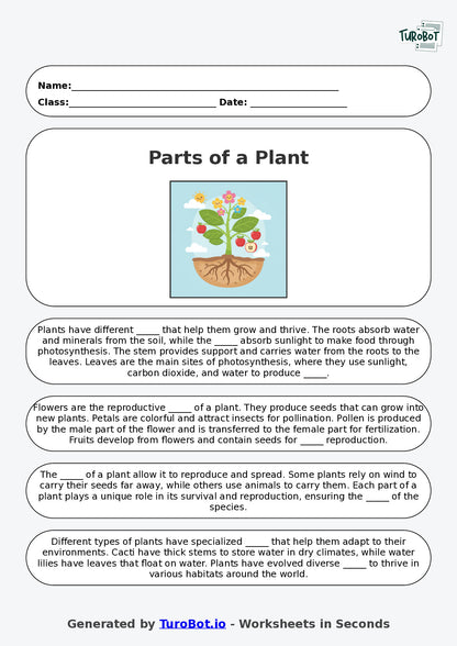Year 2 Science Fill in the Blanks Worksheet – Parts of a Plant