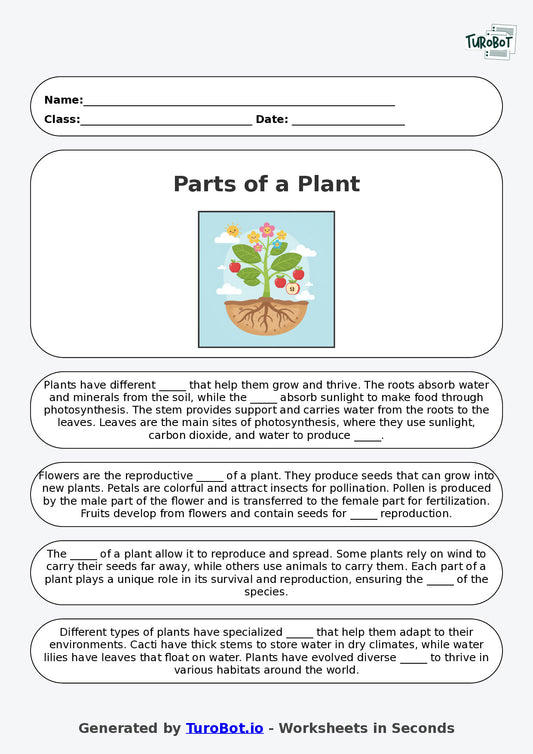 Year 2 Science Fill in the Blanks Worksheet – Parts of a Plant